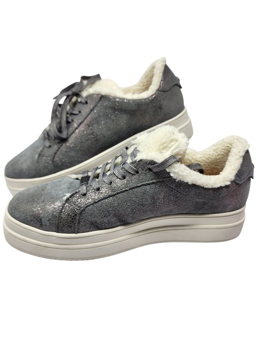 J/Slides NYC Gray Sparkle Faux Fur-Lined Platform Sneakers Womens Size 8.5